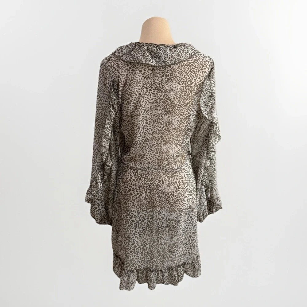 Anthropology Ranna Gill Flora Leopard-Print Ruffled-Wrap Dress Sheer Statement M
